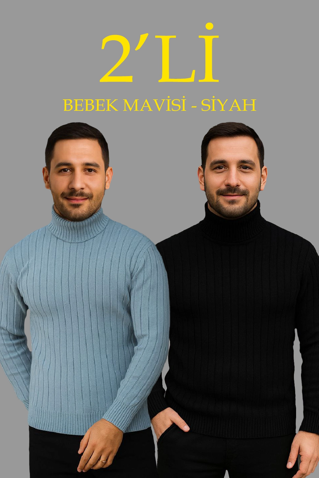Erkek Fitilli Kazak Tam Boğazlı Balıkçı Yaka Triko 2’li Set Bebek Mavisi-Siyah
