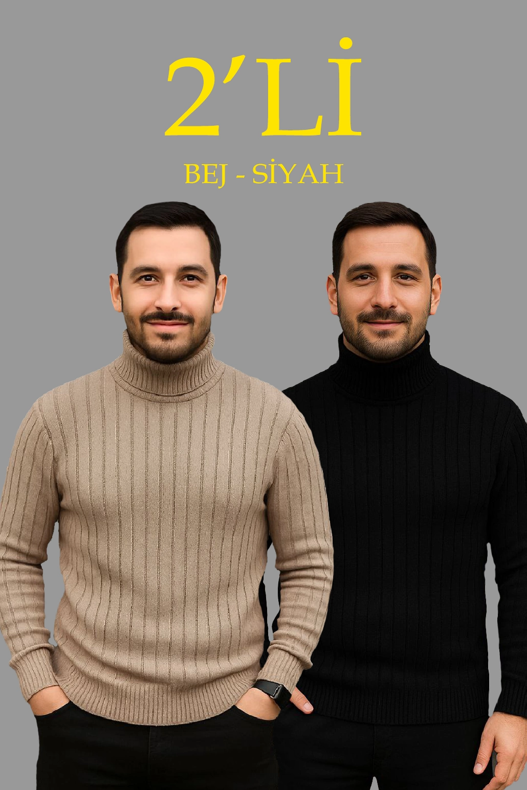 Erkek Fitilli Kazak Tam Boğazlı Balıkçı Yaka Triko 2’li Set Bej-Siyah