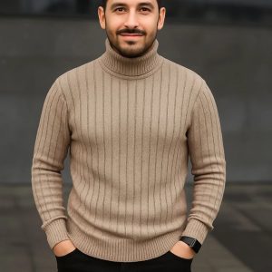 Erkek Fitilli Kazak Tam Boğazlı Balıkçı Yaka Triko 2’li Set Bej-Siyah