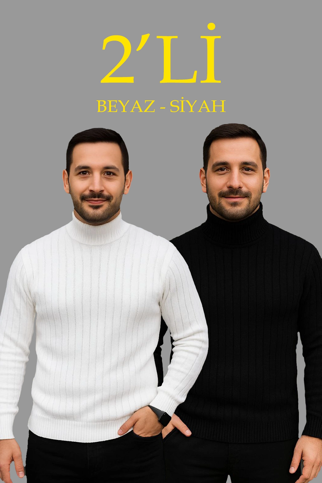 Erkek Fitilli Kazak Tam Boğazlı Balıkçı Yaka Triko 2’li Set Beyaz-Siyah