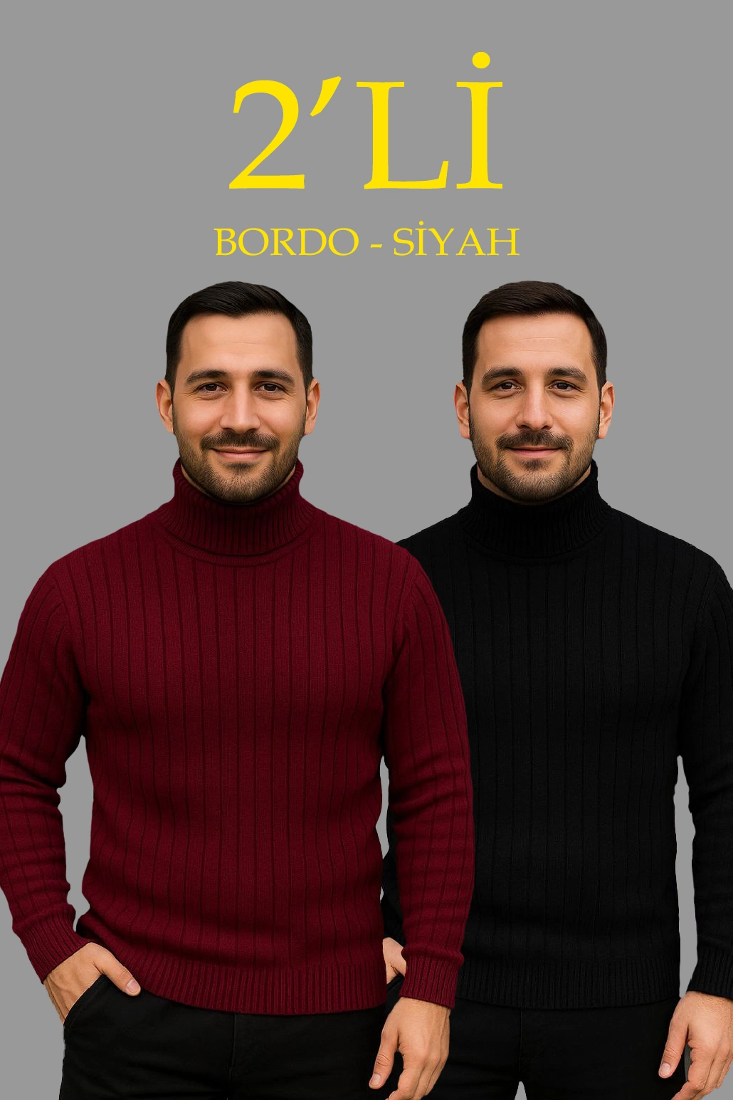 Erkek Fitilli Kazak Tam Boğazlı Balıkçı Yaka Triko 2’li Set Bordo-Siyah