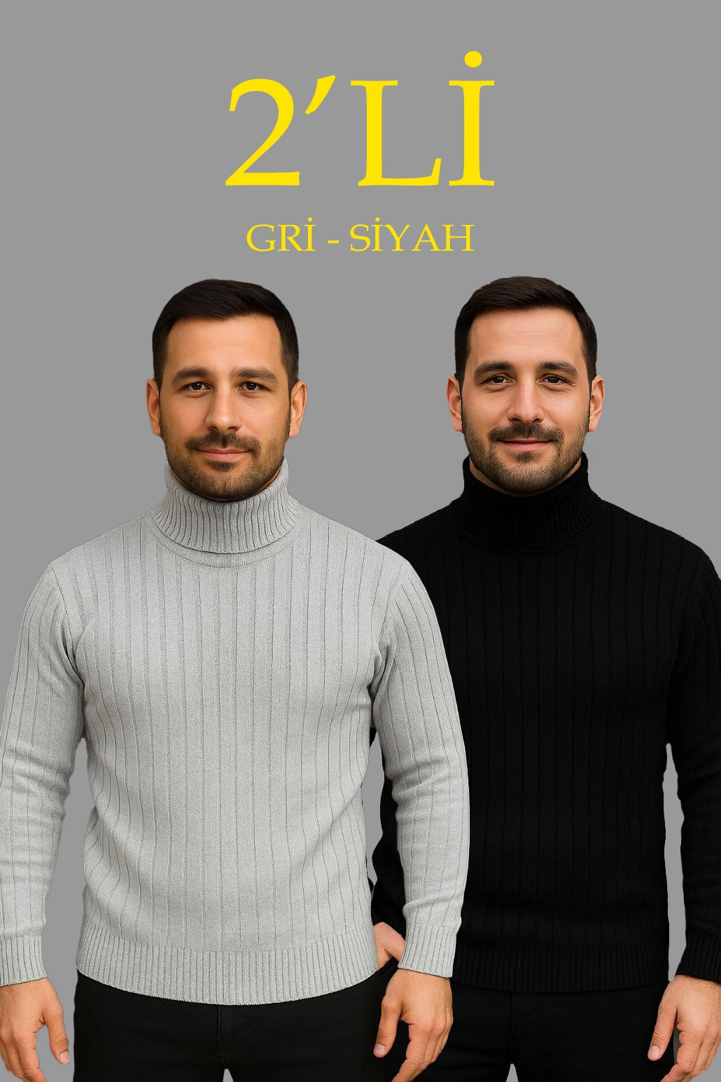 Erkek Fitilli Kazak Tam Boğazlı Balıkçı Yaka Triko 2’li Set Gri-Siyah