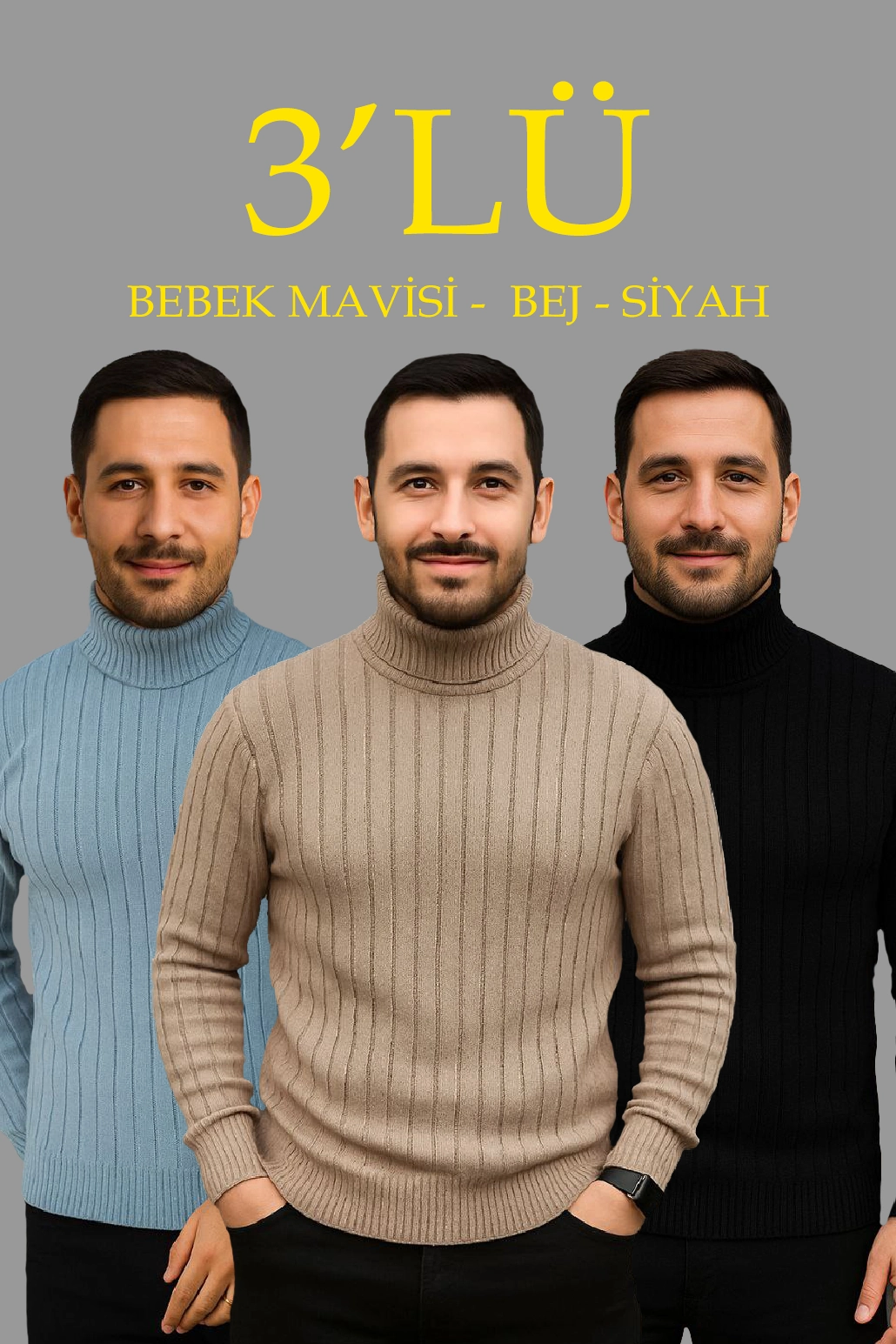 Erkek Fitilli Kazak Tam Boğazlı Balıkçı Yaka Triko 3’lü Set Bebek Mavisi-Bej-Siyah