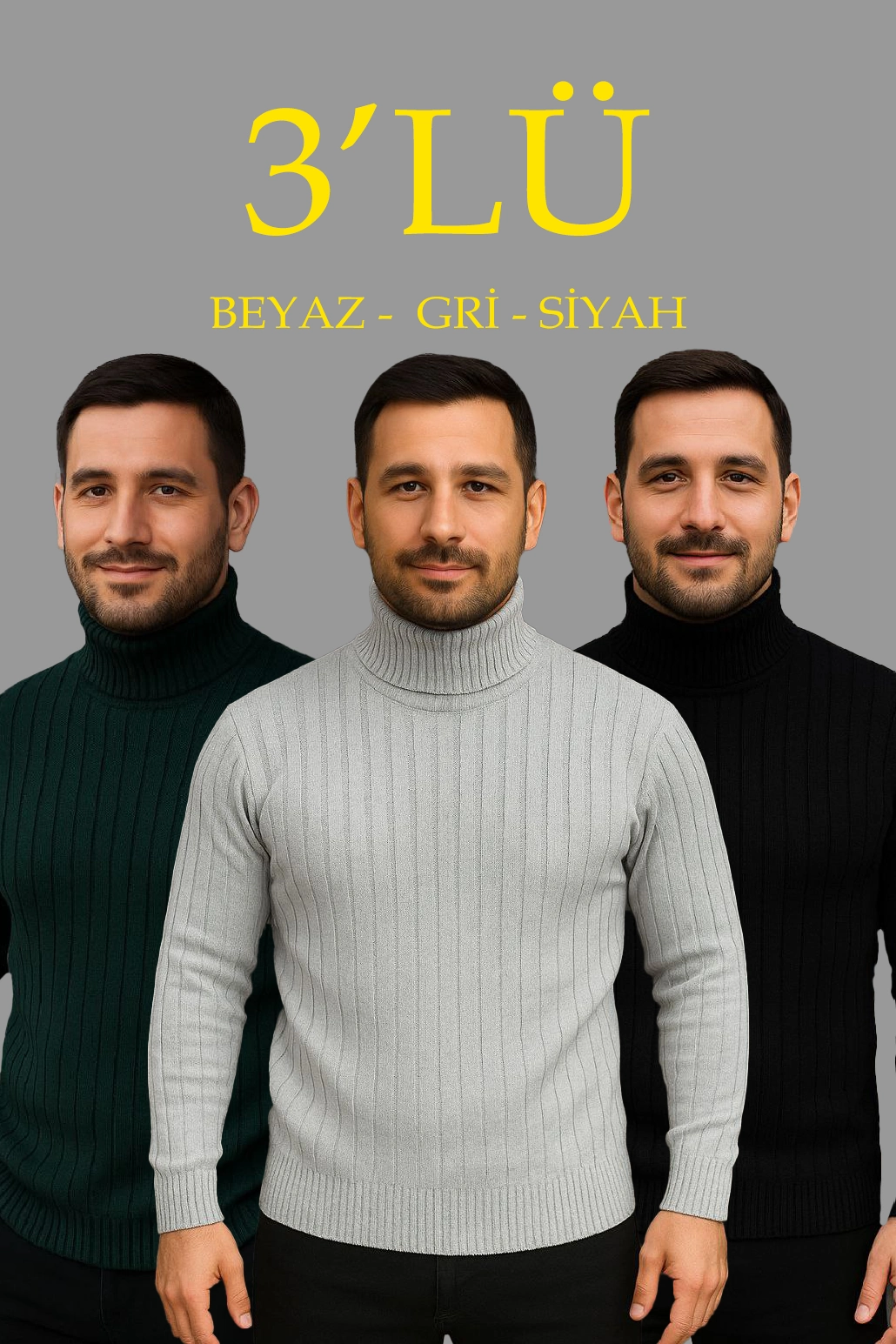 Erkek Fitilli Kazak Tam Boğazlı Balıkçı Yaka Triko 3’lü Set Gri-Haki-Siyah