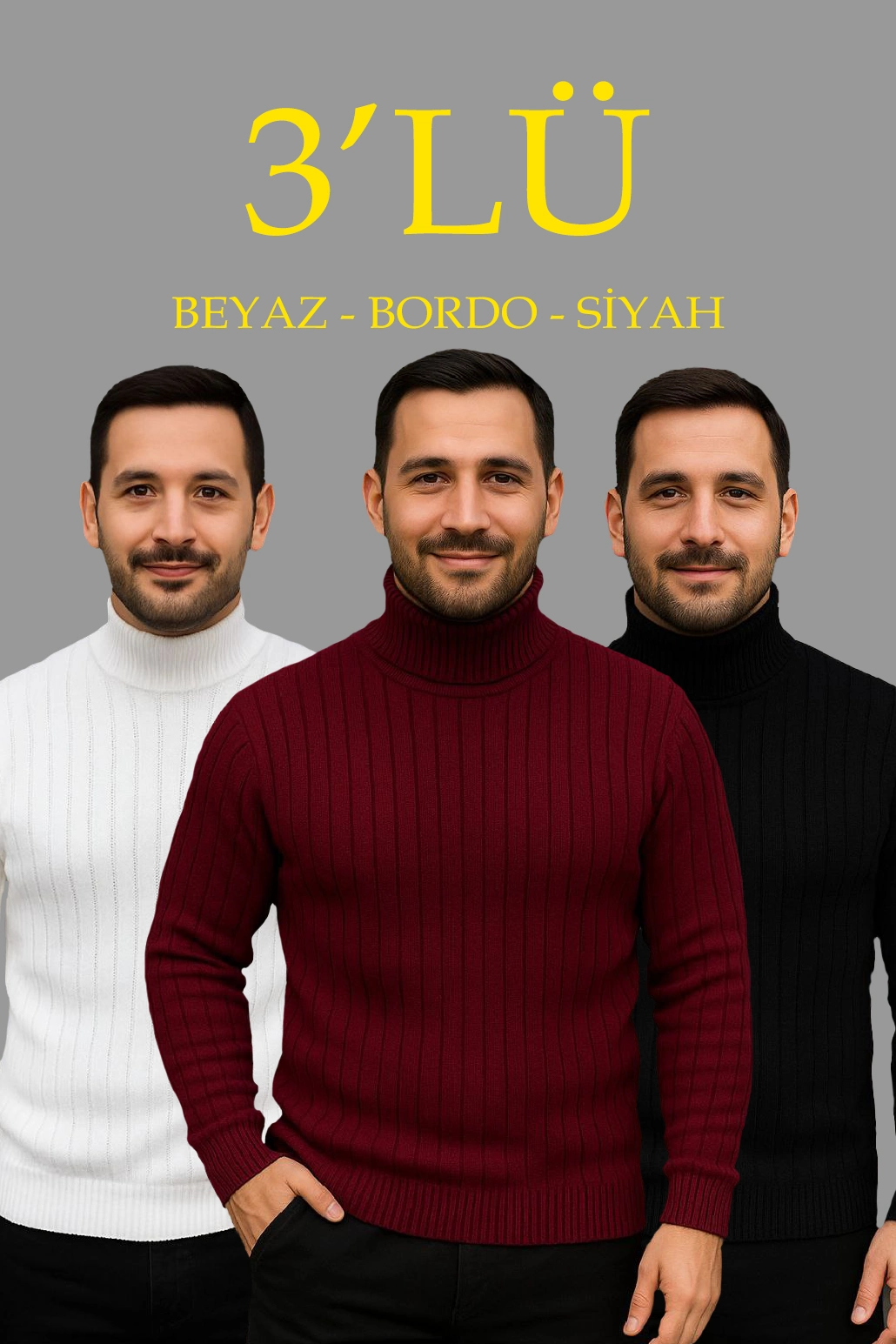 Erkek Fitilli Kazak Tam Boğazlı Balıkçı Yaka Triko 3’lü Set Beyaz-Bordo-Siyah