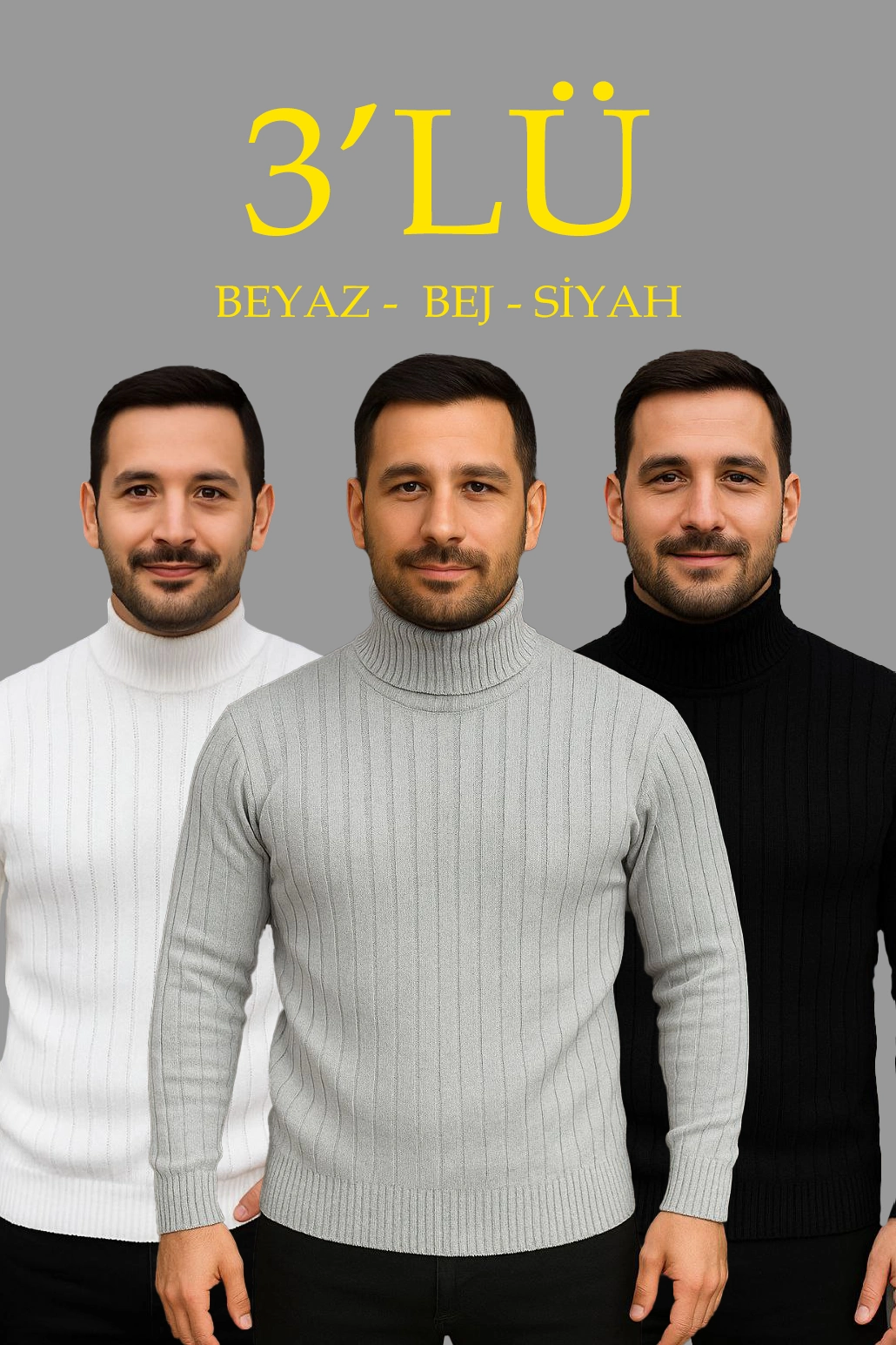 Erkek Fitilli Kazak Tam Boğazlı Balıkçı Yaka Triko 3’lü Set Beyaz-Gri-Siyah