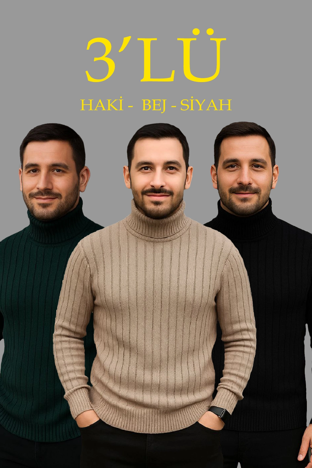 Erkek Fitilli Kazak Tam Boğazlı Balıkçı Yaka Triko 3’lü Set Bej-Haki-Siyah