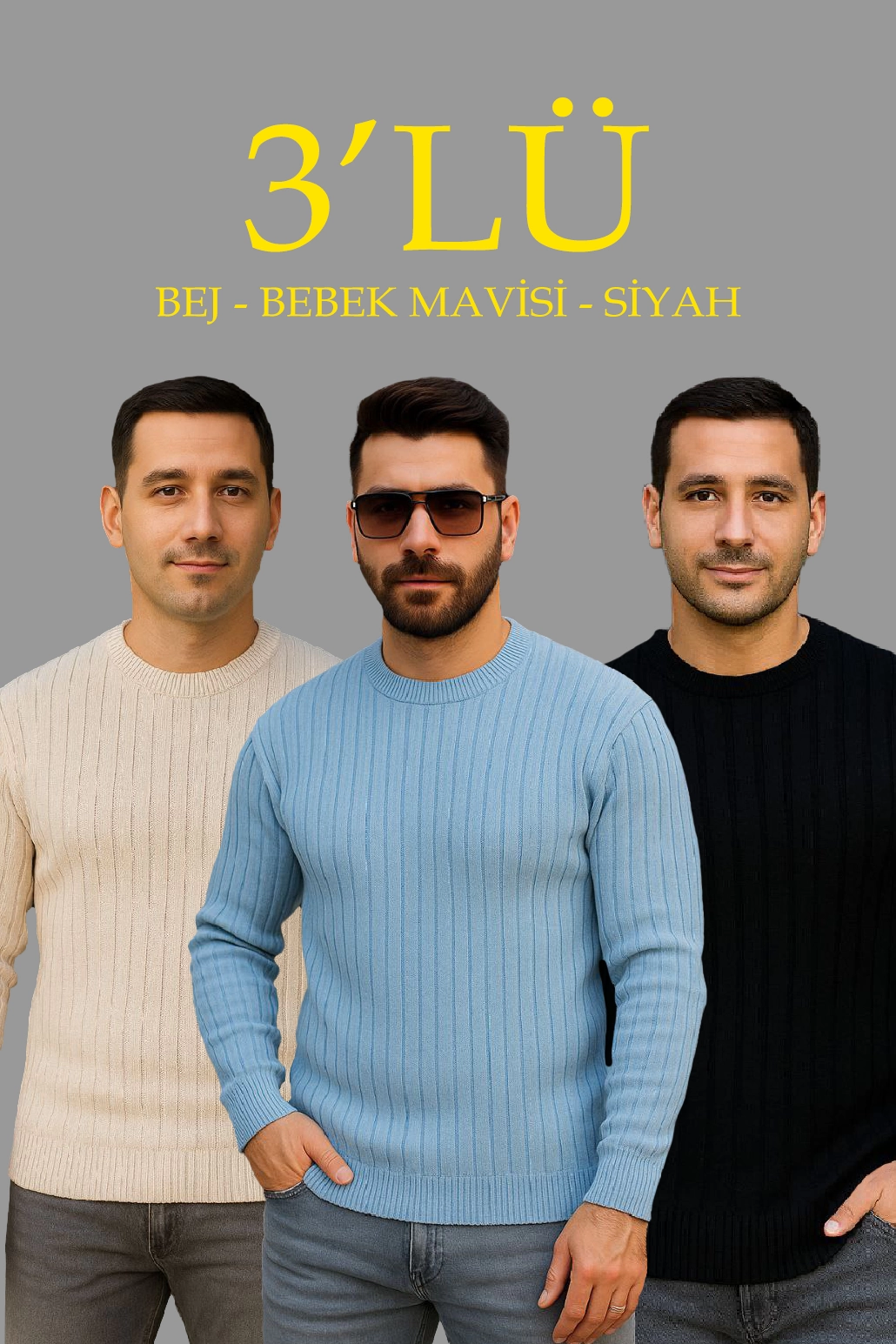 Erkek Fitilli Triko Bisiklet Yaka Kalın Kazak 3’lü Set Bej-Bebek Mavisi-Siyah