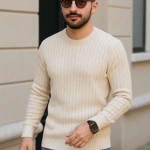 Erkek Fitilli Triko Bisiklet Yaka Kalın Kazak 3’lü Set Bej-Bebek Mavisi-Siyah