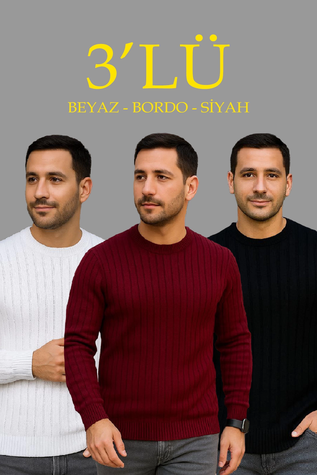 Erkek Fitilli Triko Bisiklet Yaka Kalın Kazak 3’lü Set Beyaz-Bordo-Siyah