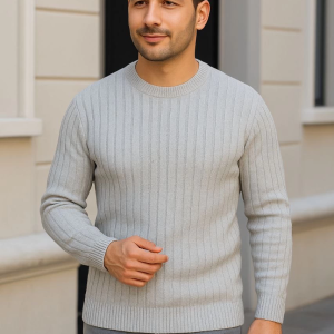 Erkek Fitilli Triko Bisiklet Yaka Kalın Kazak 3’lü Set Beyaz-Gri-Siyah