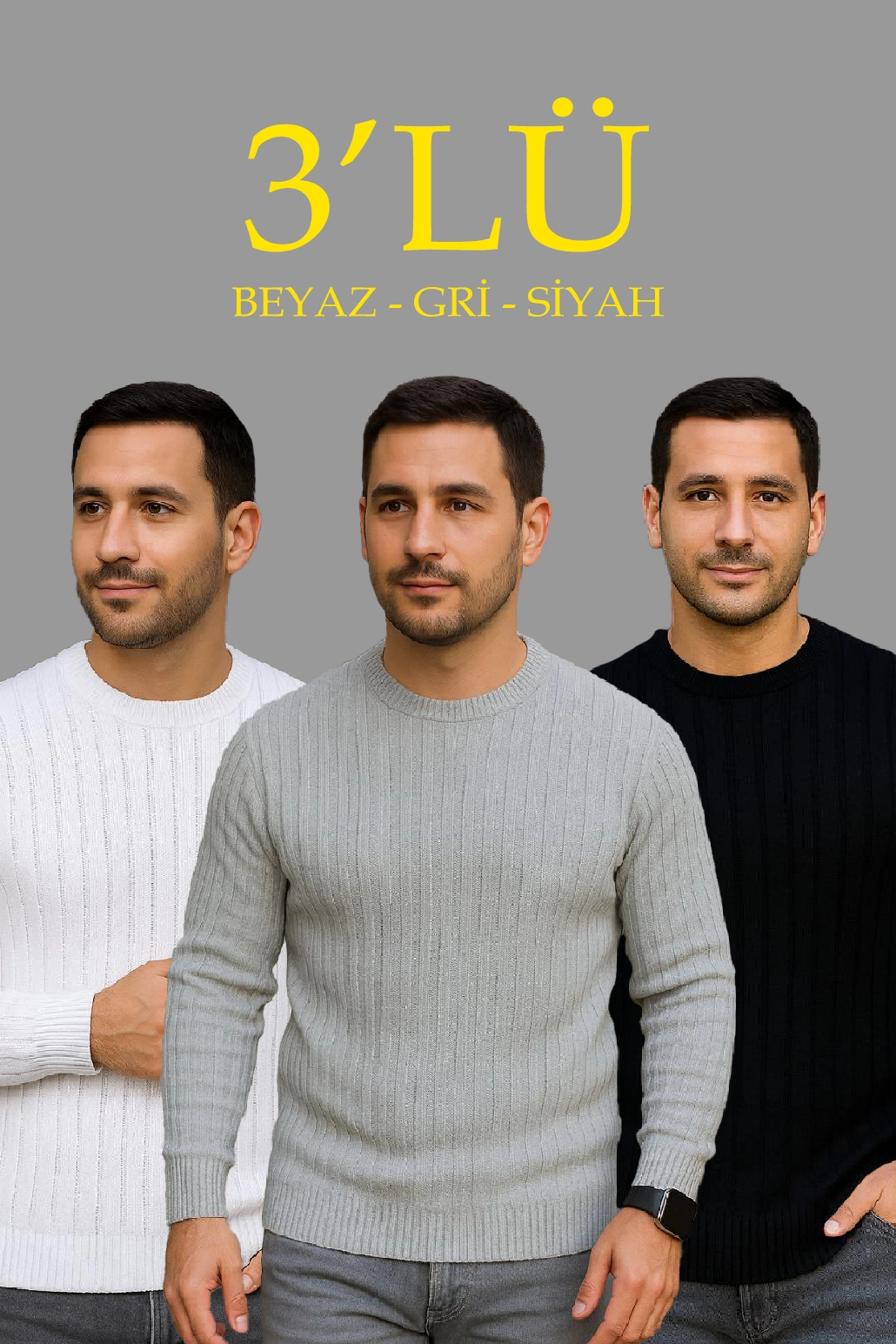 Erkek Fitilli Triko Bisiklet Yaka Kalın Kazak 3’lü Set Beyaz-Gri-Siyah