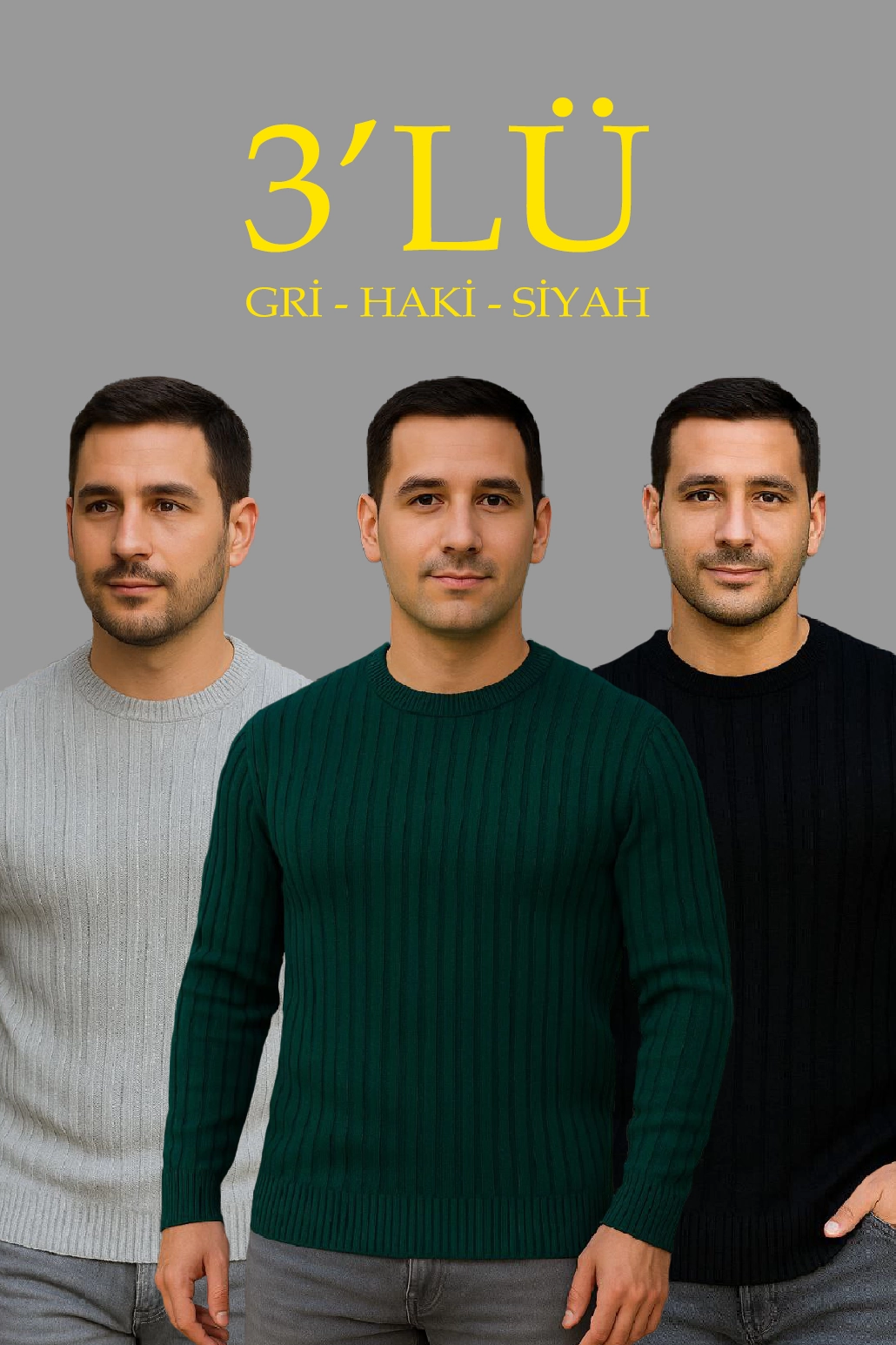 Erkek Fitilli Triko Bisiklet Yaka Kalın Kazak 3’lü Set Gri-Haki-Siyah
