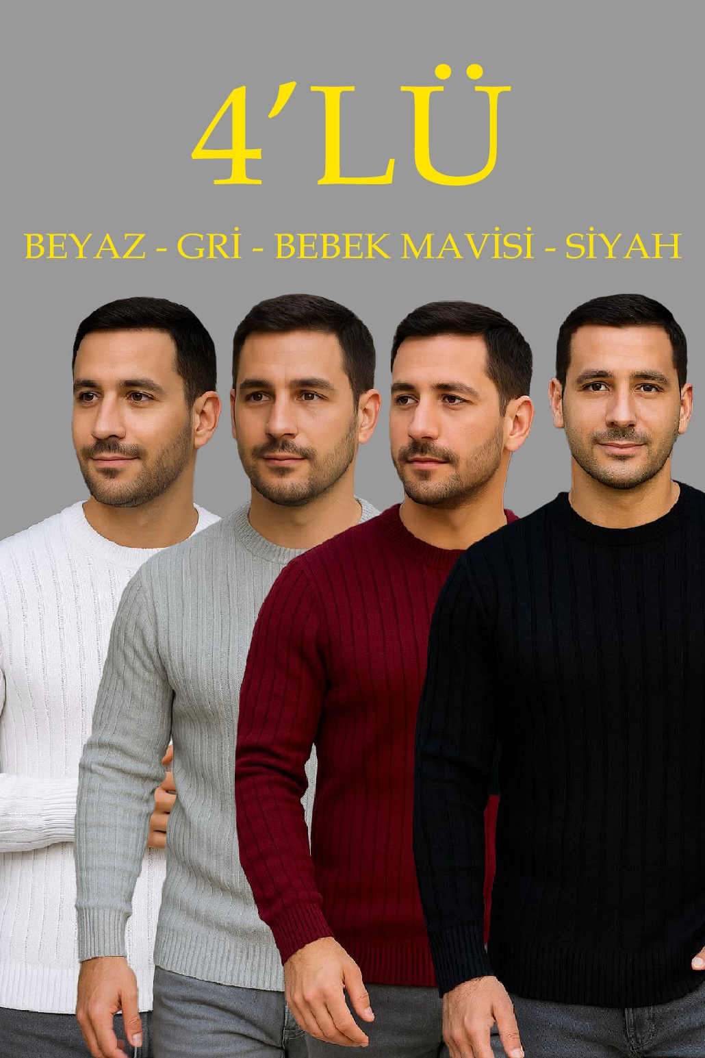 Erkek Fitilli Triko Bisiklet Yaka Kalın Kazak 4’lü Set Beyaz-Bordo-Gri-Siyah