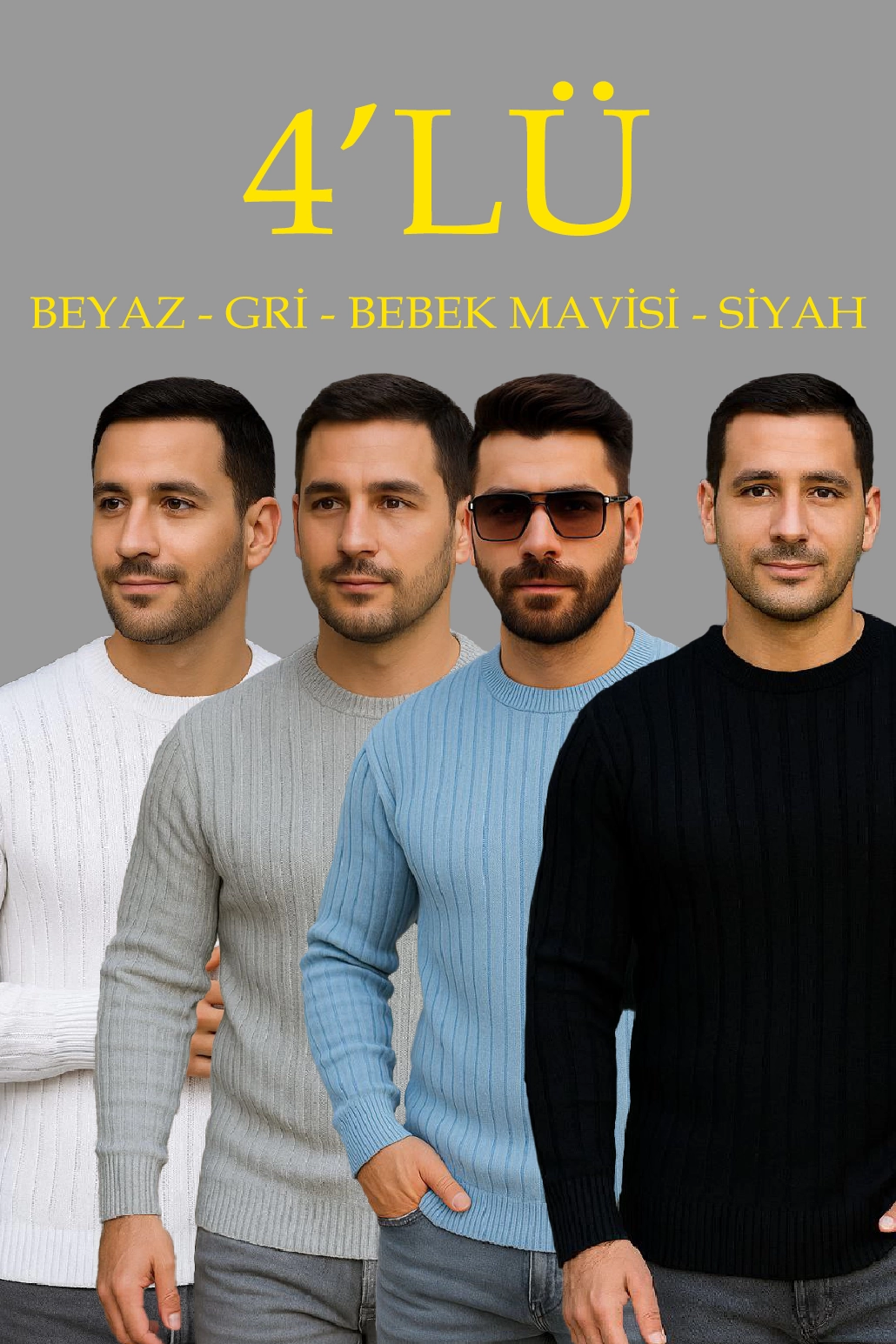 Erkek Fitilli Triko Bisiklet Yaka Kalın Kazak 4’lü Set Beyaz-Bebek Mavisi-Gri-Siyah