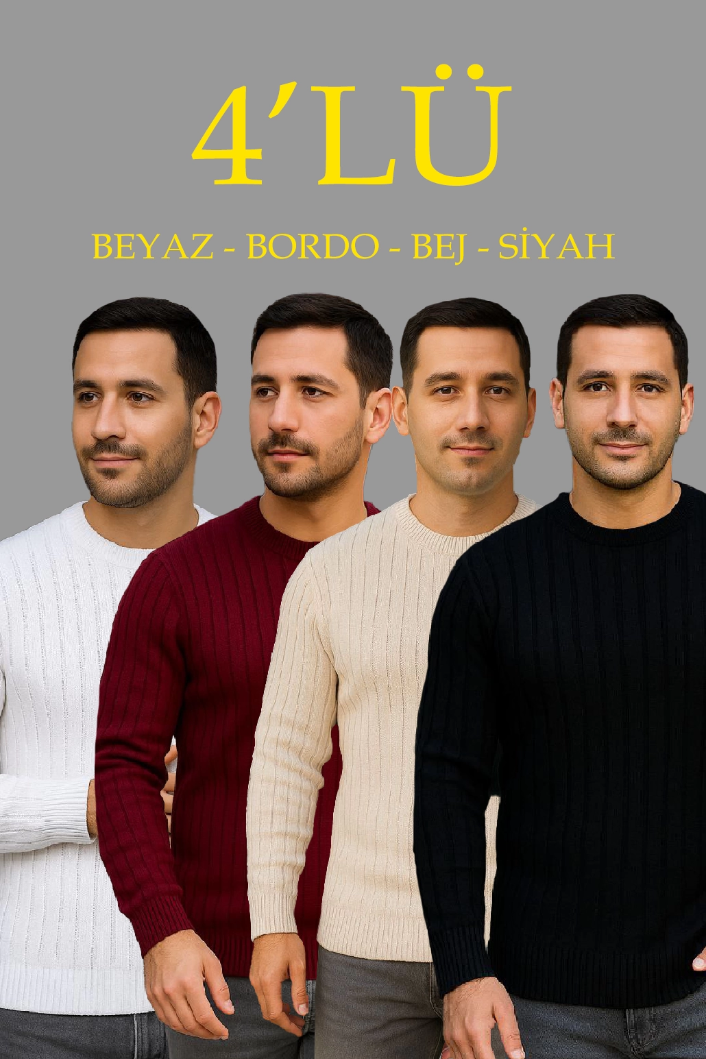 Erkek Fitilli Triko Bisiklet Yaka Kalın Kazak 4’lü Set Beyaz-Bebek Mavisi-Gri-Siyah