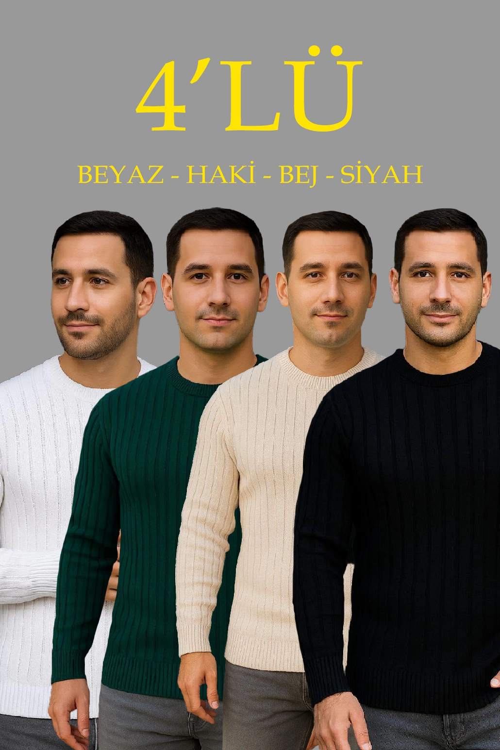 Erkek Fitilli Triko Bisiklet Yaka Kalın Kazak 4’lü Set Beyaz-Haki-Bej-Siyah