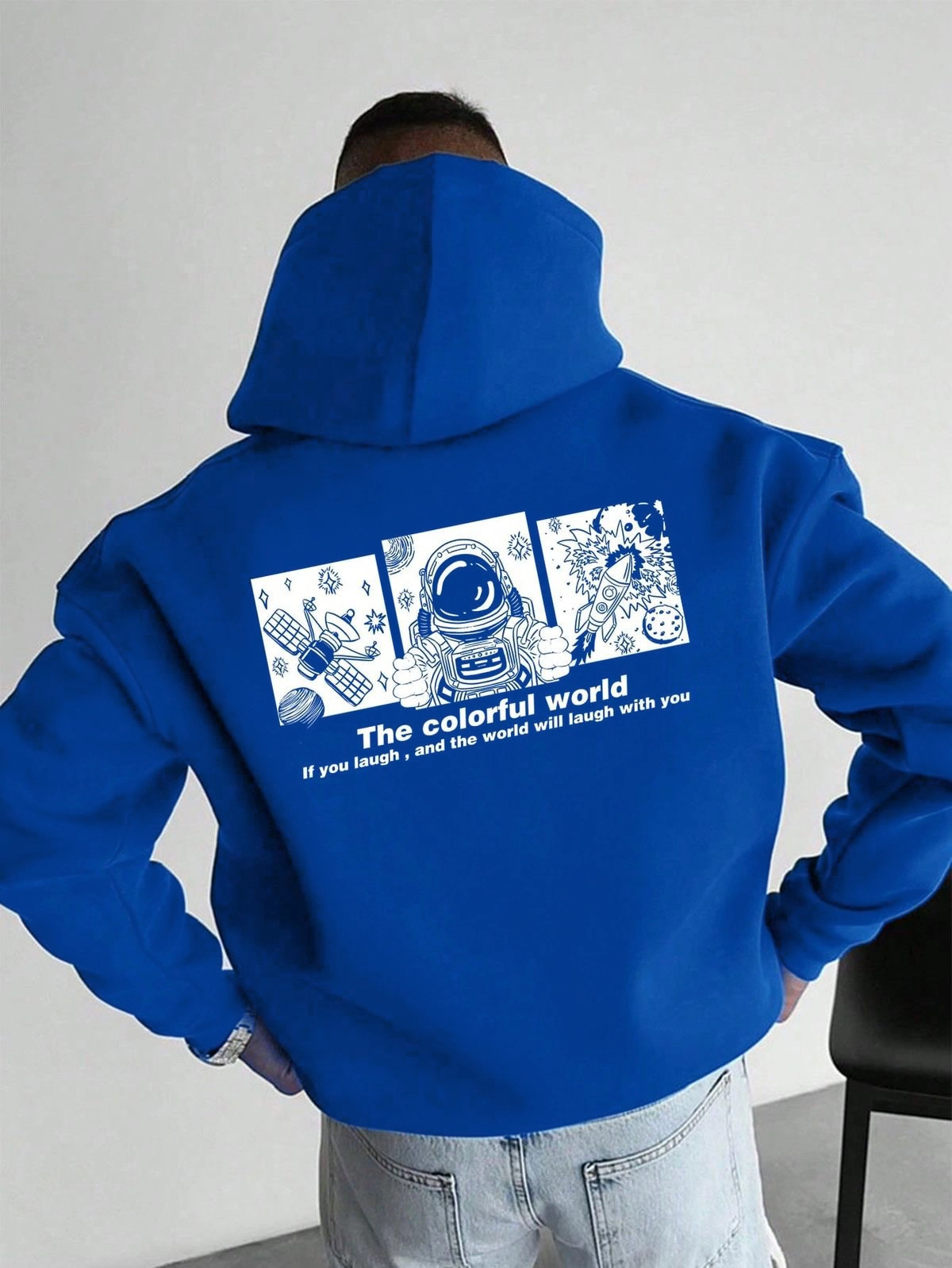 Erkek Baskılı Kapüşonlu Cepli Hoodie 3 İplik Pamuklu Sweatshirt – Saks Mavisi