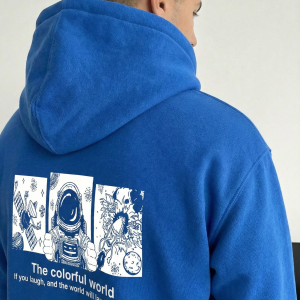 Erkek Baskılı Kapüşonlu Cepli Hoodie 3 İplik Pamuklu Sweatshirt – Saks Mavisi