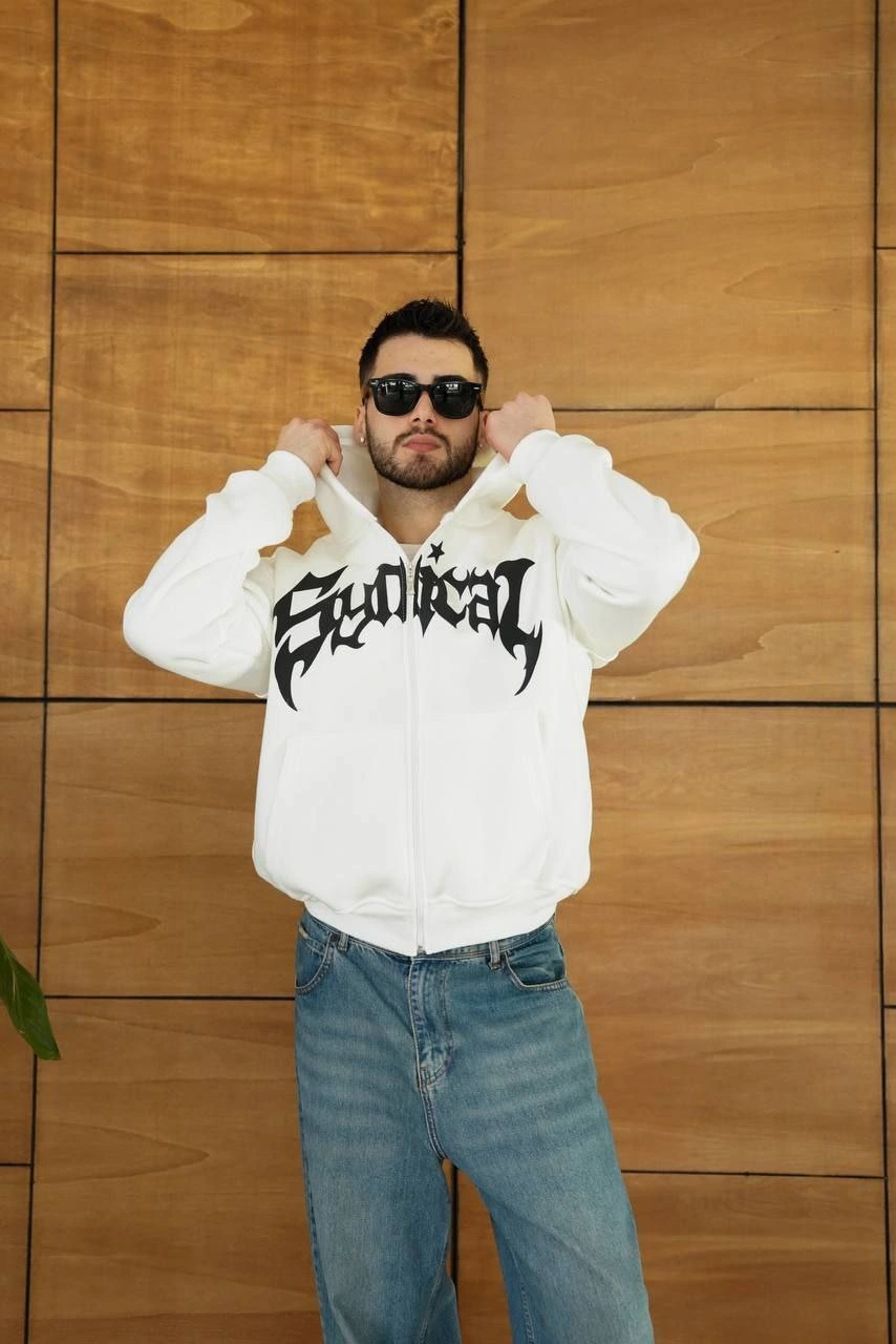 Erkek Kapüşonlu 3 İplik Şardonlu Önü Baskılı Fermuarlı Oversize Sweatshirt – Beyaz