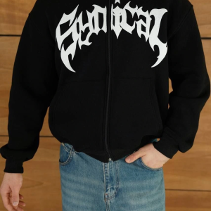 Erkek Kapüşonlu 3 İplik Şardonlu Önü Baskılı Fermuarlı Oversize Sweatshirt – Siyah