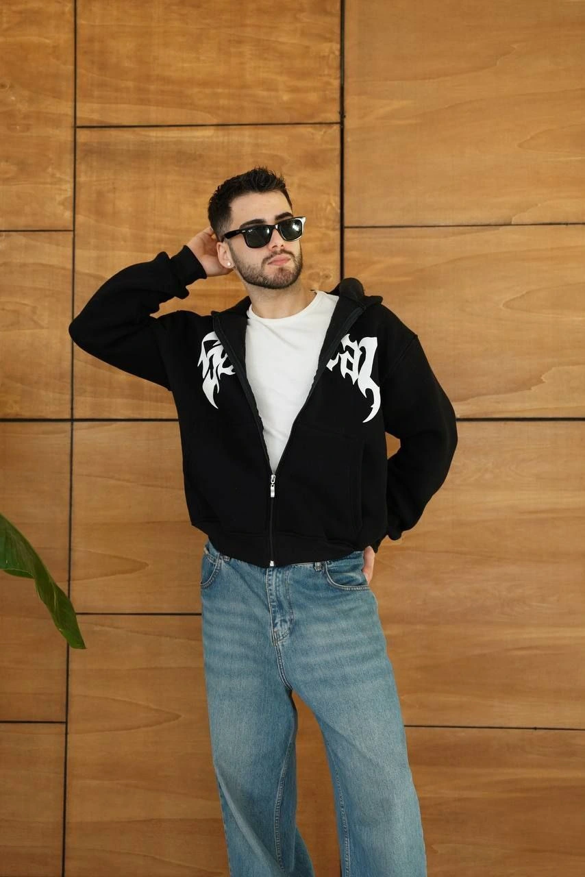 Erkek Kapüşonlu 3 İplik Şardonlu Önü Baskılı Fermuarlı Oversize Sweatshirt – Siyah