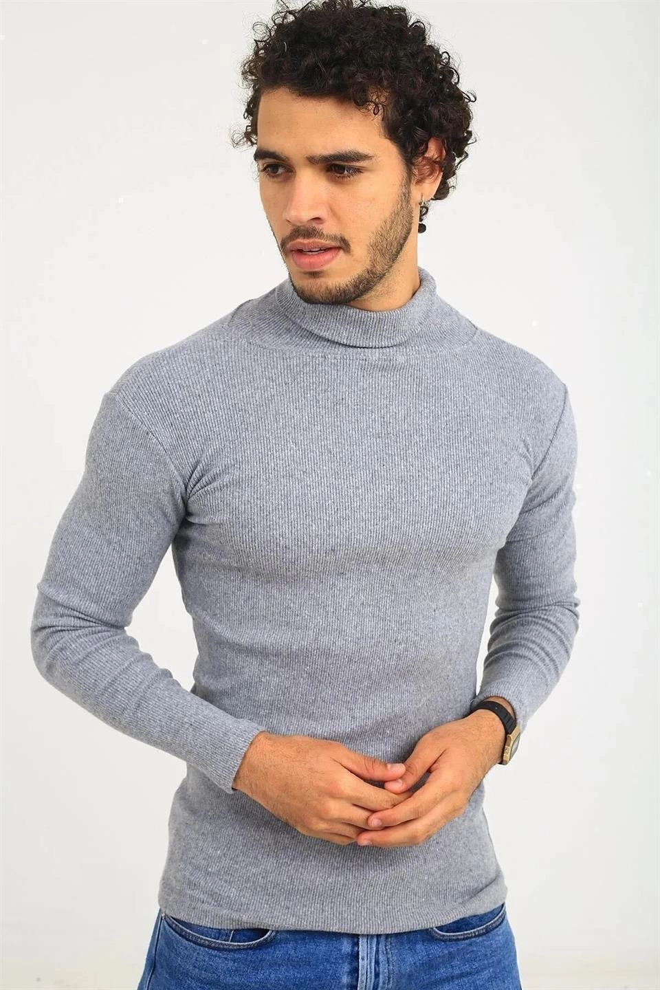 Erkek Kaşkorse Boğazlı Full Likralı Fitilli Body Kazak - Gri - Image 3