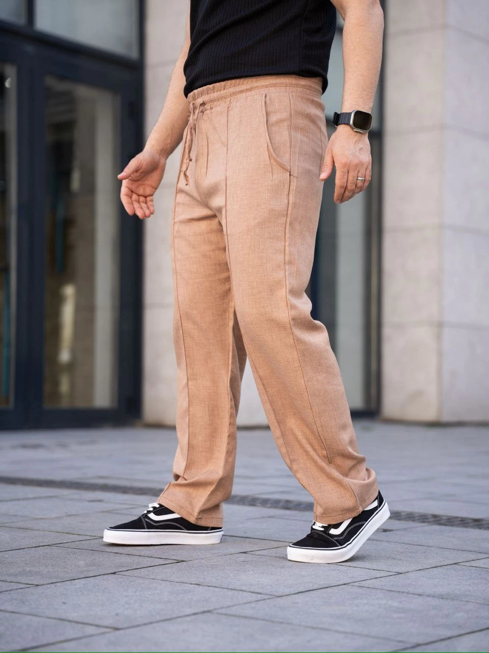 Erkek Keten Cepli Çıma Dikişli jogger Buggy Pantalon Rahat kalıp – Kahverengi