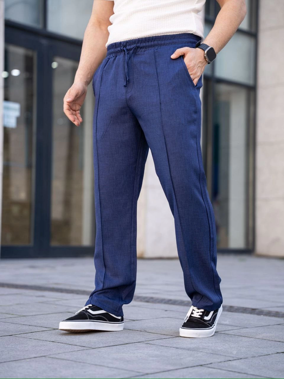 Erkek Keten Cepli Çıma Dikişli jogger Buggy Pantalon Rahat kalıp – Lacivert