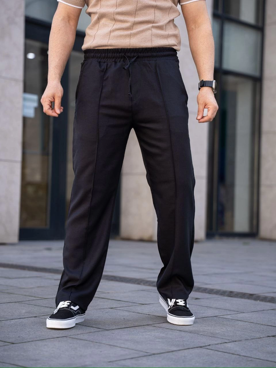 Erkek Keten Cepli Çıma Dikişli jogger Buggy Pantalon Rahat kalıp – Siyah
