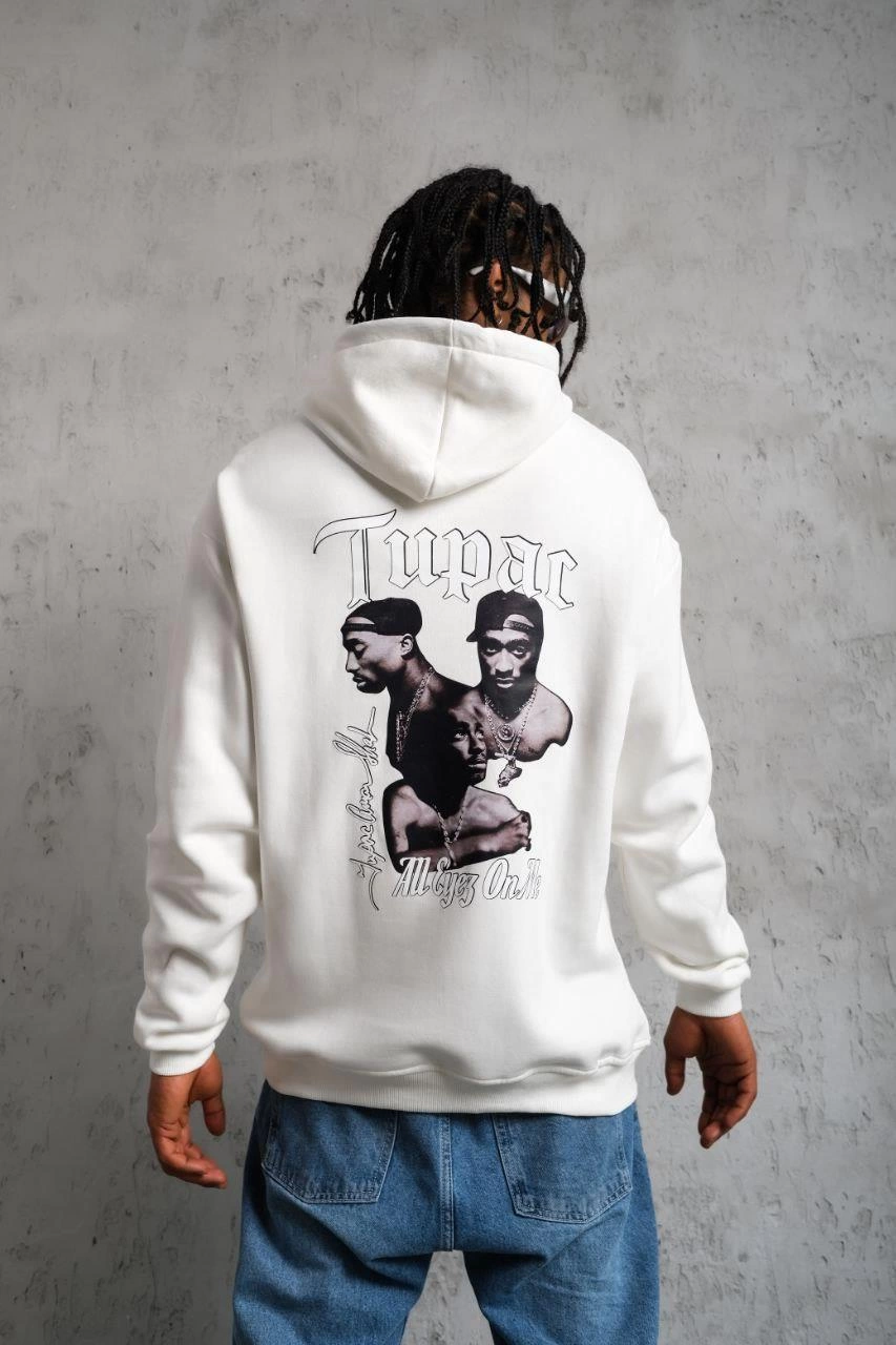 Erkek Kapüşonlu Kanguru Cepli Sweatshirt 3 İplik Pamuklu Baskılı Hoodie – Beyaz