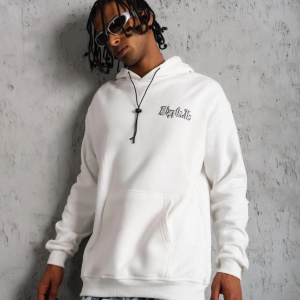 Erkek Kapüşonlu Kanguru Cepli Sweatshirt 3 İplik Pamuklu Baskılı Hoodie – Beyaz