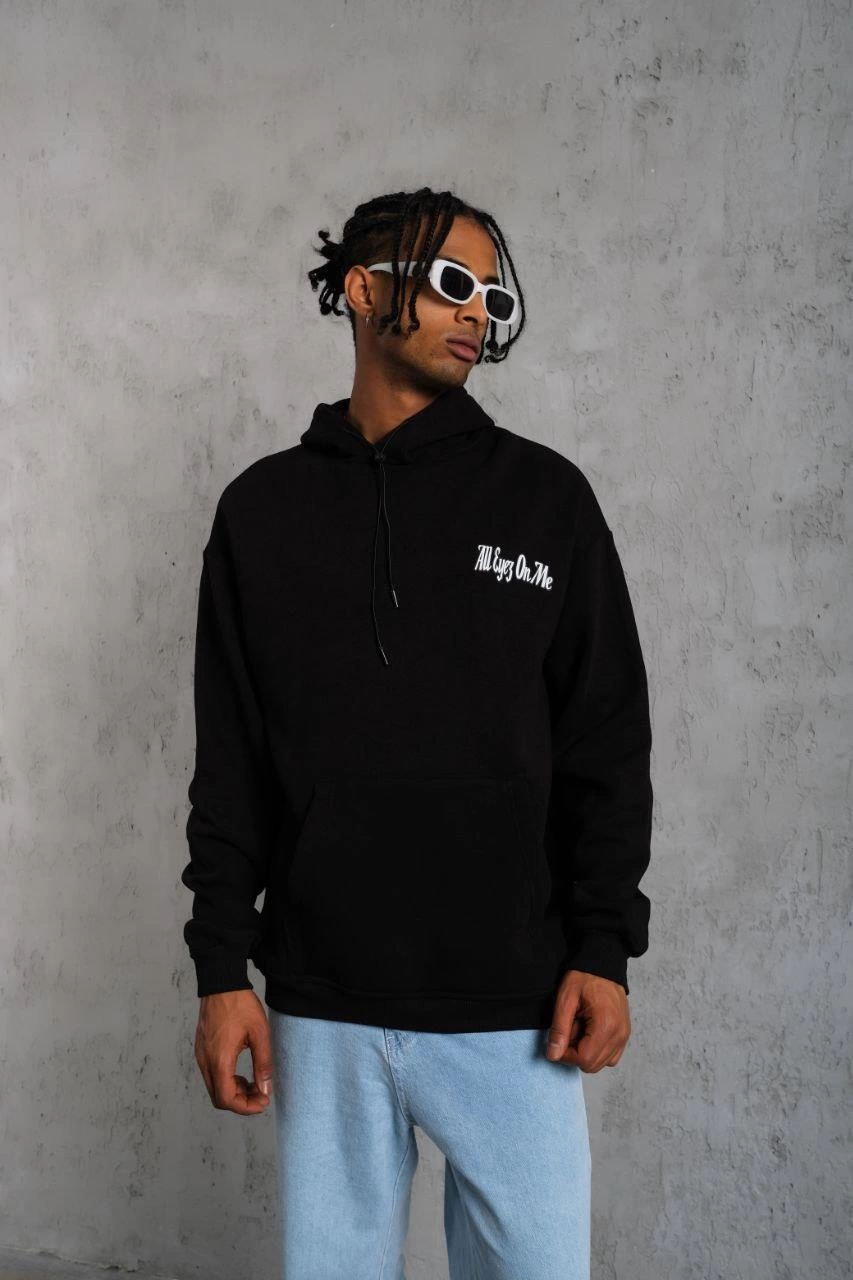 Erkek Kapüşonlu Kanguru Cepli Sweatshirt 3 İplik Pamuklu Baskılı Hoodie – Siyah