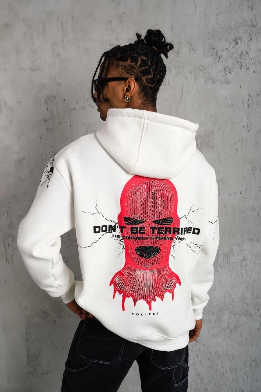 Erkek Kapüşonlu Kanguru Cepli Sweatshirt 3 İplik Pamuklu Baskılı Hoodie – Beyaz