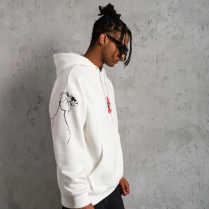 Erkek Kapüşonlu Kanguru Cepli Sweatshirt 3 İplik Pamuklu Baskılı Hoodie – Beyaz