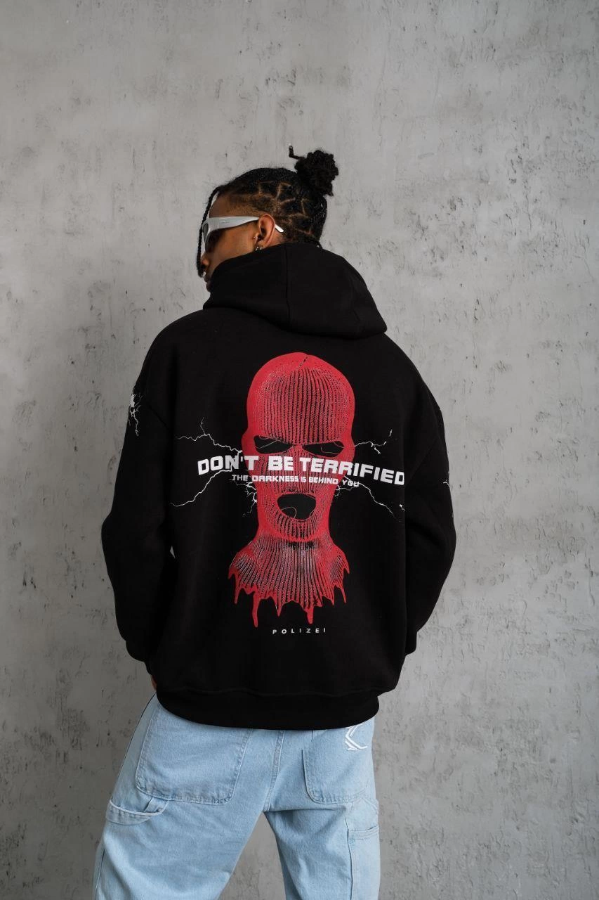 Erkek Kapüşonlu Kanguru Cepli Sweatshirt 3 İplik Pamuklu Baskılı Hoodie – Siyah