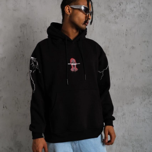 Erkek Kapüşonlu Kanguru Cepli Sweatshirt 3 İplik Pamuklu Baskılı Hoodie – Siyah