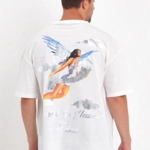 Erkek Kısa Kol Tişört Bisiklet Yaka MELEK Baskılı Oversize T-Shirt - Beyaz