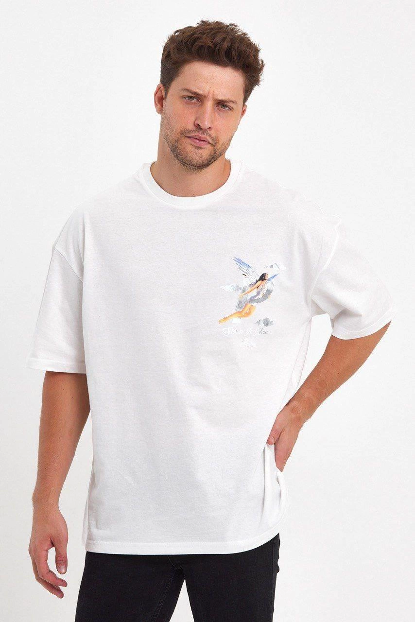 Erkek Kısa Kol Tişört Bisiklet Yaka MELEK Baskılı Oversize T-Shirt - Beyaz - Image 2