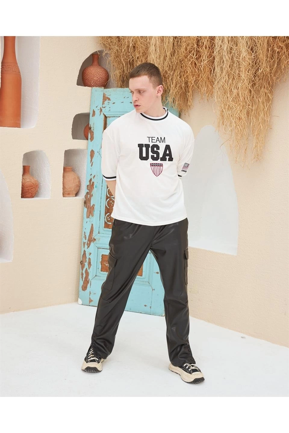 Erkek Bisiklet Yaka Tişört Nakış İşlemeli Kısa Kol Oversize T-Shirt - Beyaz - Image 2