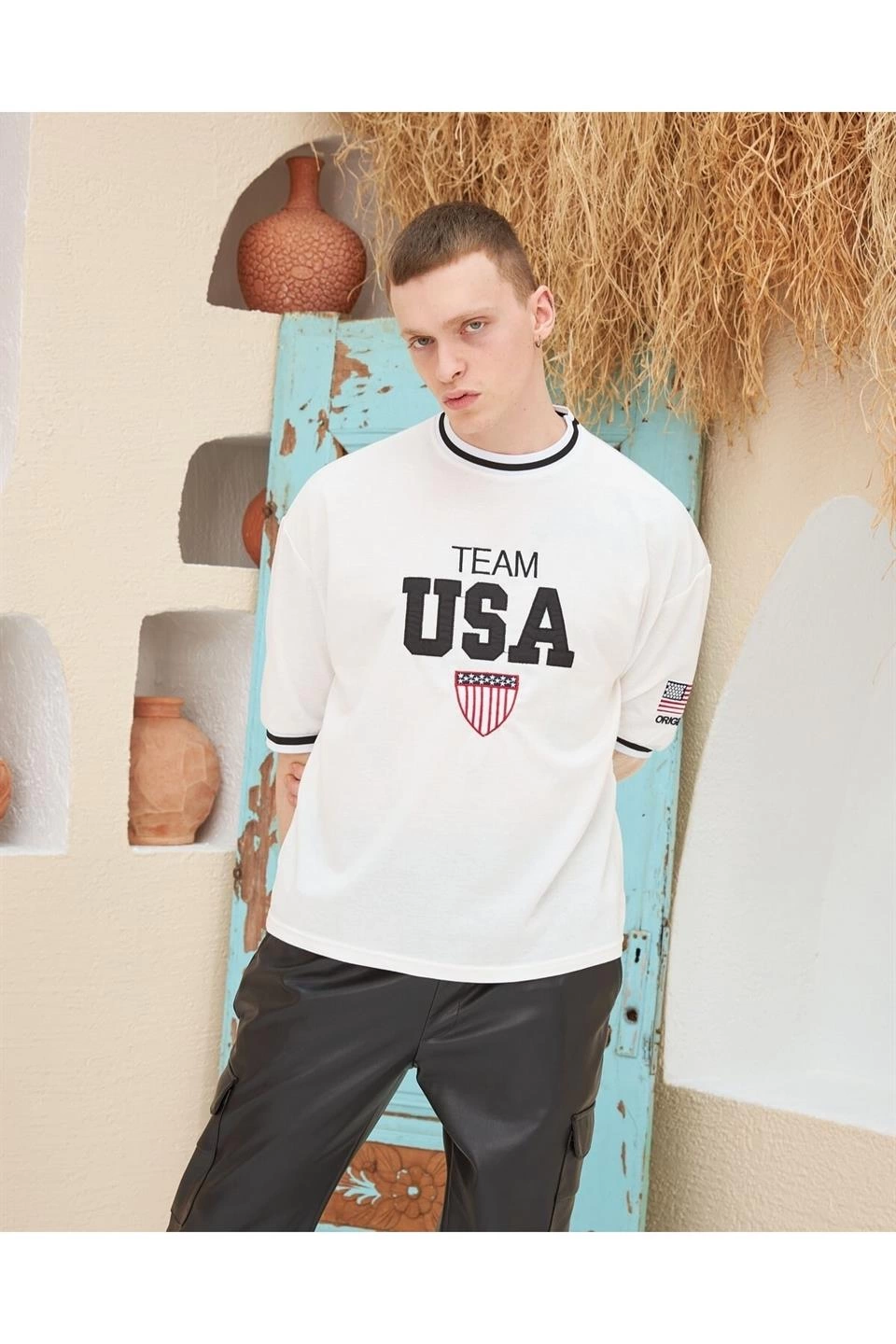 Erkek Bisiklet Yaka Tişört Nakış İşlemeli Kısa Kol Oversize T-Shirt - Beyaz - Image 3