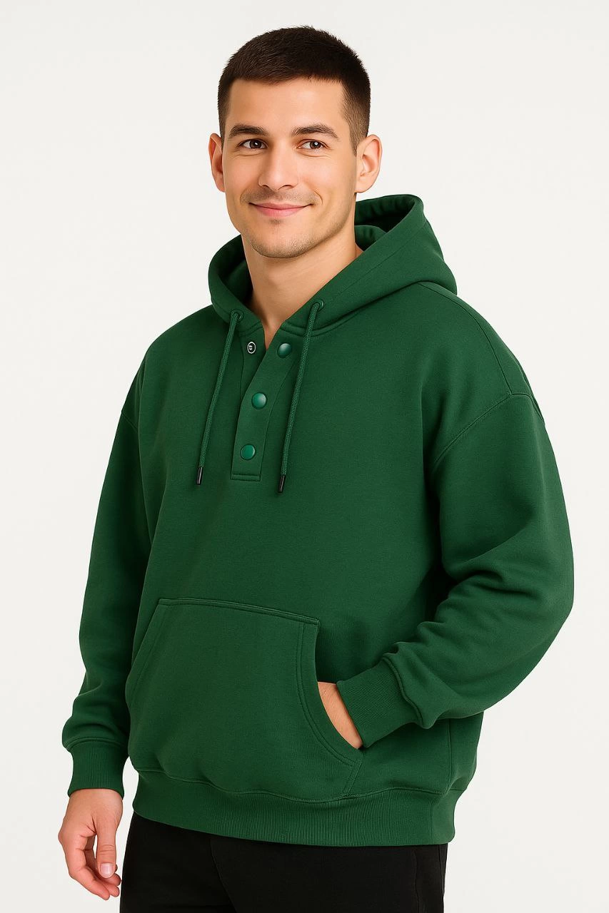 Erkek Kapüşonlu Hoodie Cepli Çıtçıtlı 3 İplik Pamuklu Sweatshirt – Haki