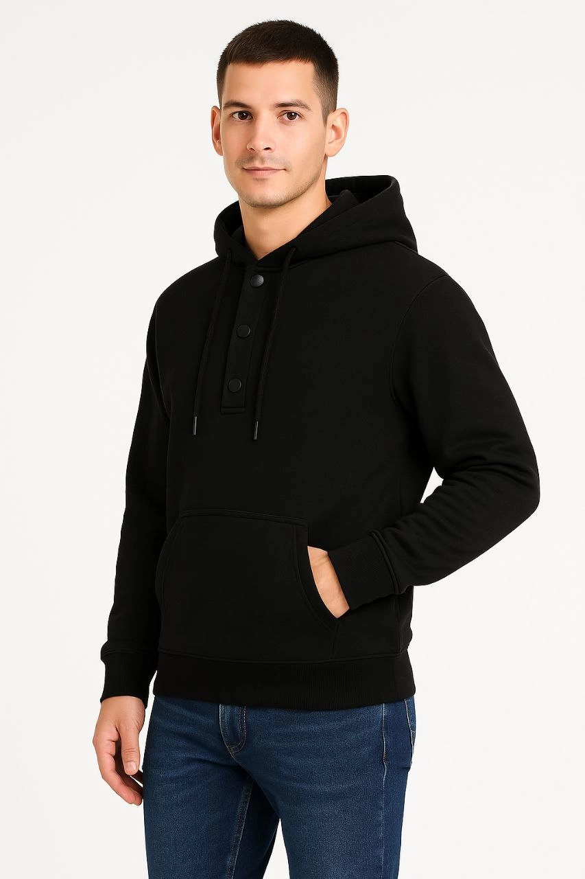 Erkek Kapüşonlu Hoodie Cepli Çıtçıtlı 3 İplik Pamuklu Sweatshirt – Siyah