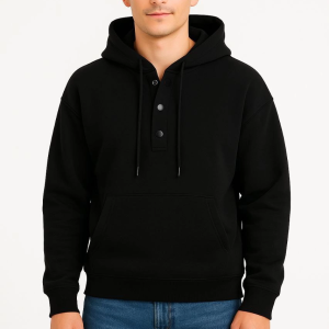 Erkek Kapüşonlu Hoodie Cepli Çıtçıtlı 3 İplik Pamuklu Sweatshirt – Siyah