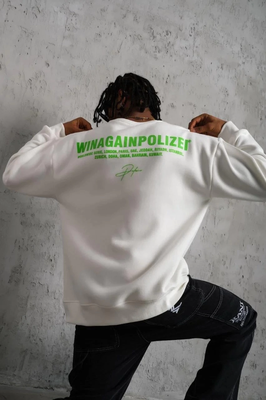 Erkek Oversize Sweatshirt Ön ve Sırt Baskılı 3 İplik Pamuklu – Beyaz