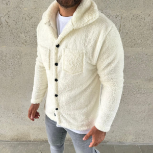 Erkek Pelüş Polar Hırka Gömlek Yakalı İlik Düğmeli Göğüs Cepli Yumuşak Dokulu – Beyaz