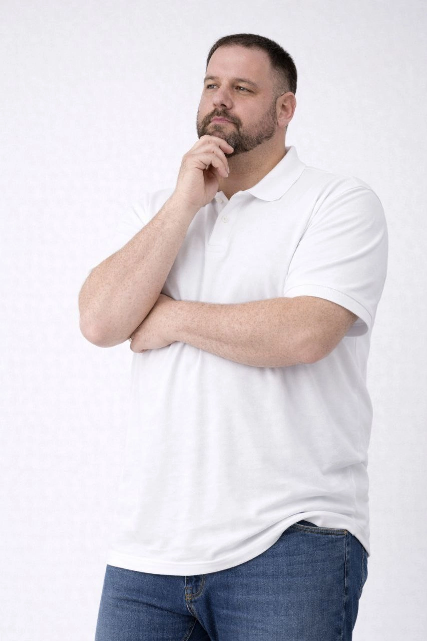 Erkek Polo Yaka Düğmeli Tişört Pike Kumaş Battal Beden Kısa Kol T-Shirt – Beyaz