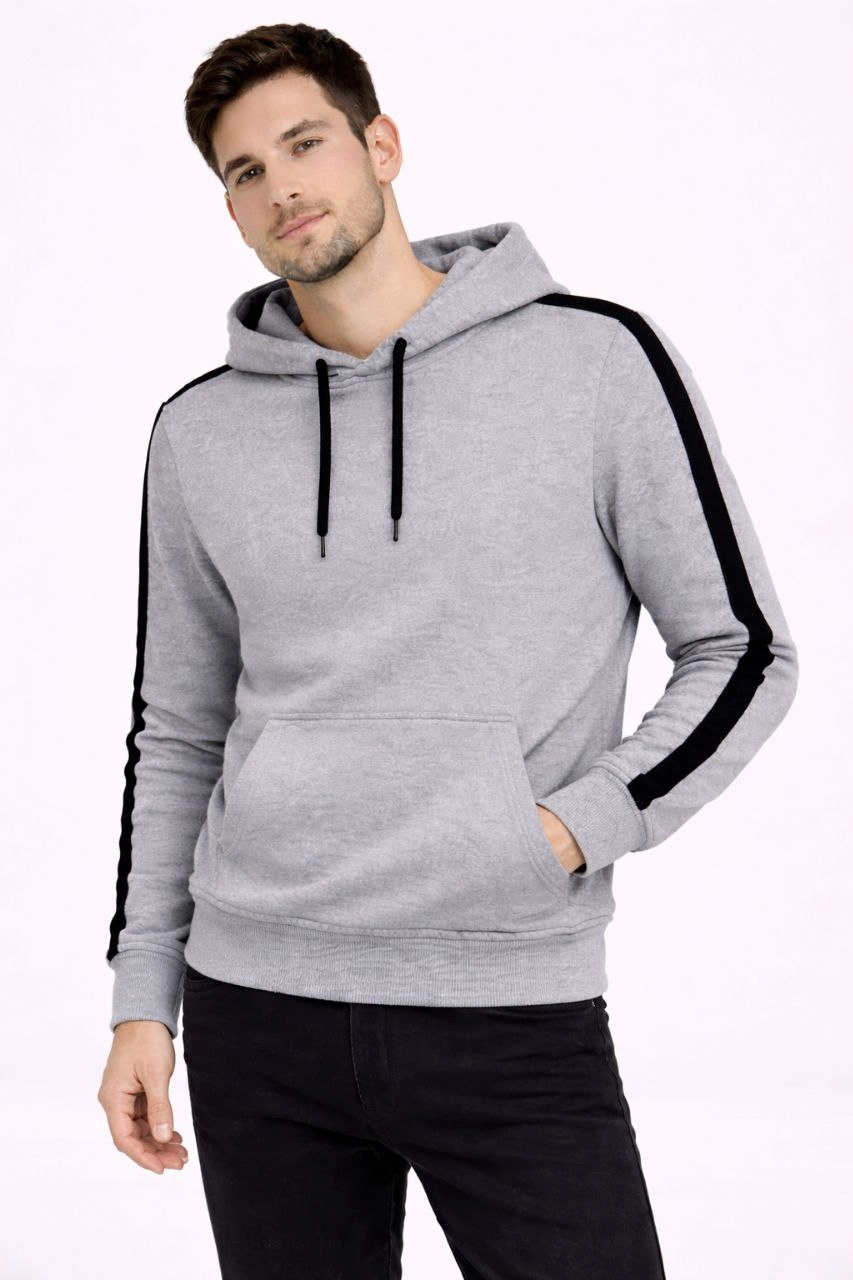 Erkek Şeritli Kapüşonlu Sweatshirt Oversize 3 iplik Pamuklu Hoodie – Gri