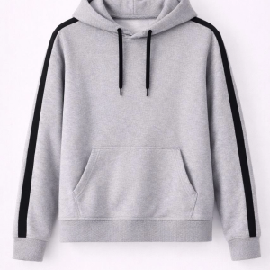 Erkek Şeritli Kapüşonlu Sweatshirt Oversize 3 iplik Pamuklu Hoodie – Gri