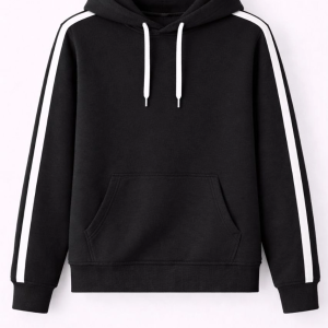 Erkek Şeritli Kapüşonlu Sweatshirt Oversize 3 iplik Pamuklu Hoodei – Siyah